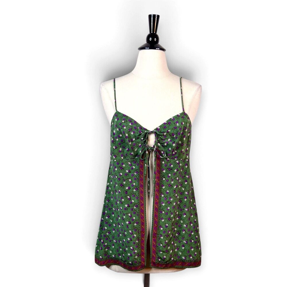 Vintage Y2K Anna Sui Floral Tie Front Camisole Top M Green Boho Fairy Grunge 90s